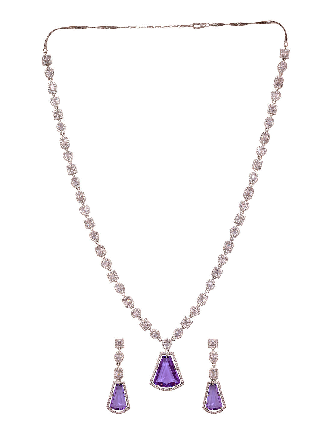 Silver Toned Lavender AD Studded Necklace Jewellery Set, zaveri pearls, sale price rs, sale price, sale gold plated, sale gold, sale, rubans, ring, regular price, priyassi jewellery, kushal's